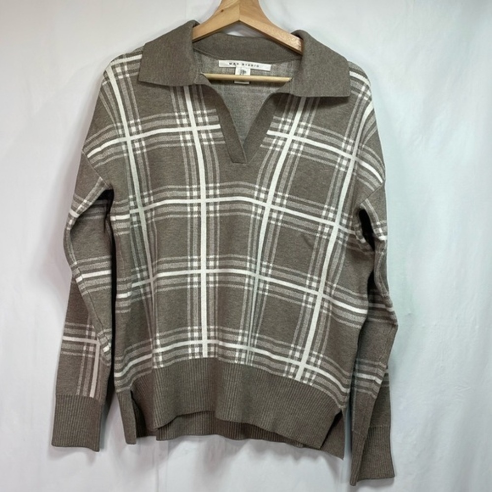 🥜 Max Studio tan and cream Glenn plaid polo style long sleeve sweater